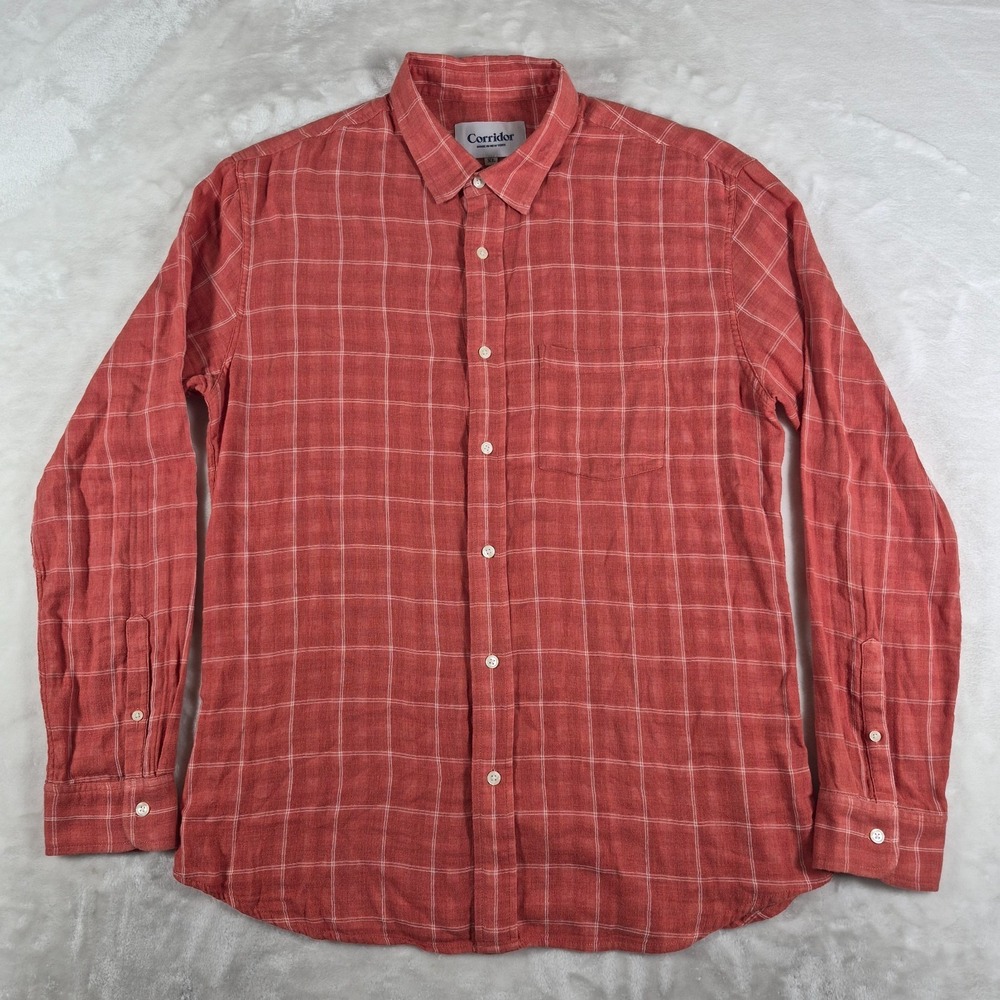 Corridor NYC Button Up Shirt Men's XL Orange Plaid Long Sleeve Casual Comfort
